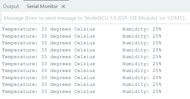 Serial Monitor showing temperature and humidity values from DHT11 Temperature and Humidity Sensor