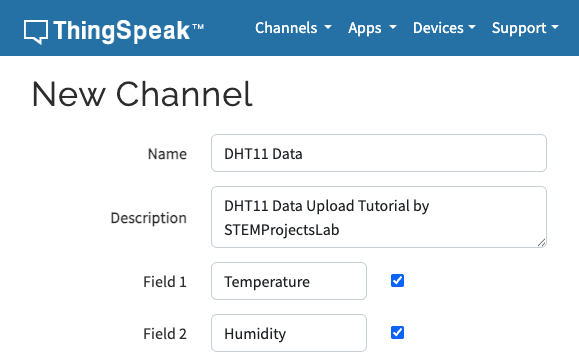ThingSpeak New Channel creation page