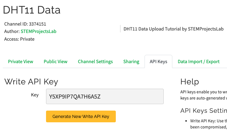 ThingSpeak API Keys tab showing the Write API Key for the project