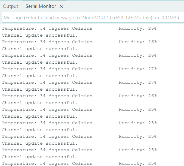 Serial Monitor showing DHT11 data and uploading to thingspeak channel status